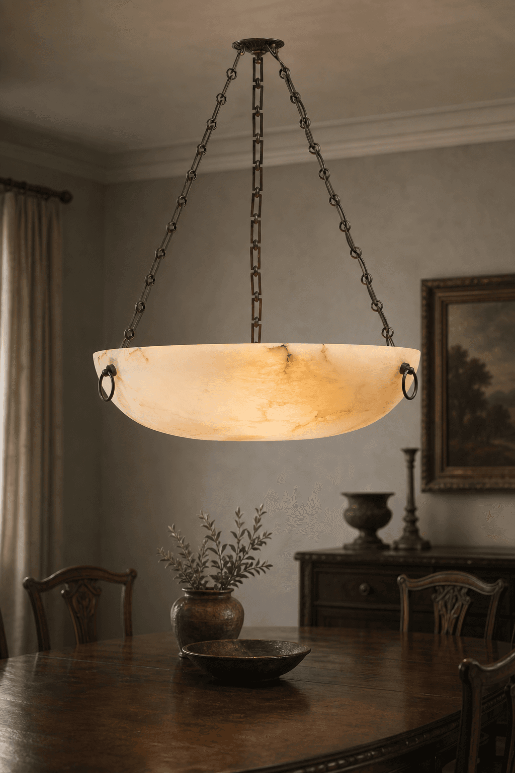 Vintage Designer Burton Spanish Alabaster Bowl Ceiling Light