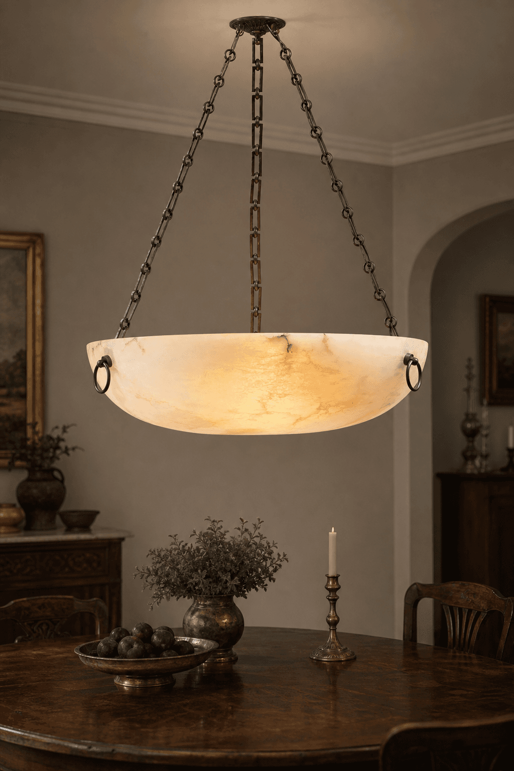 Vintage Designer Burton Spanish Alabaster Bowl Ceiling Light