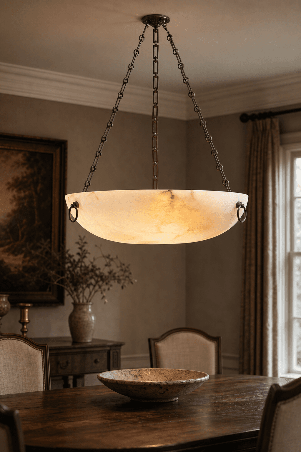 Vintage Designer Burton Spanish Alabaster Bowl Ceiling Light