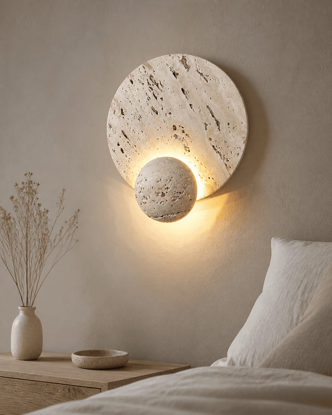 Wabi Sabi Light Travertine Stone Bedside Lamp