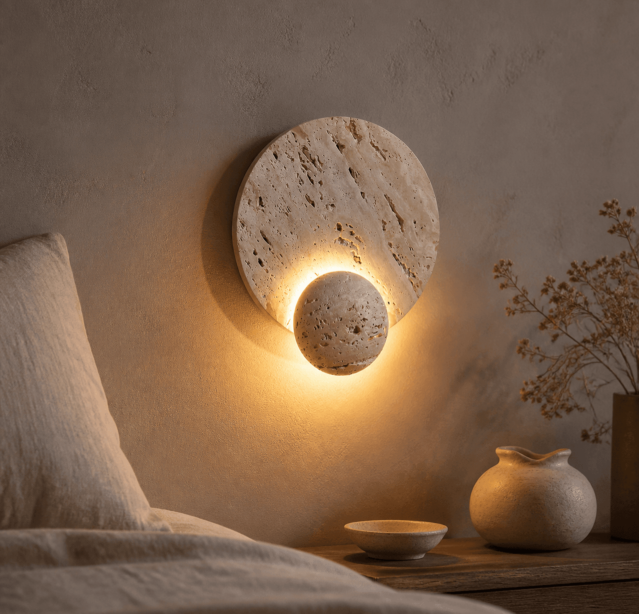 Wabi Sabi Light Travertine Stone Bedside Lamp