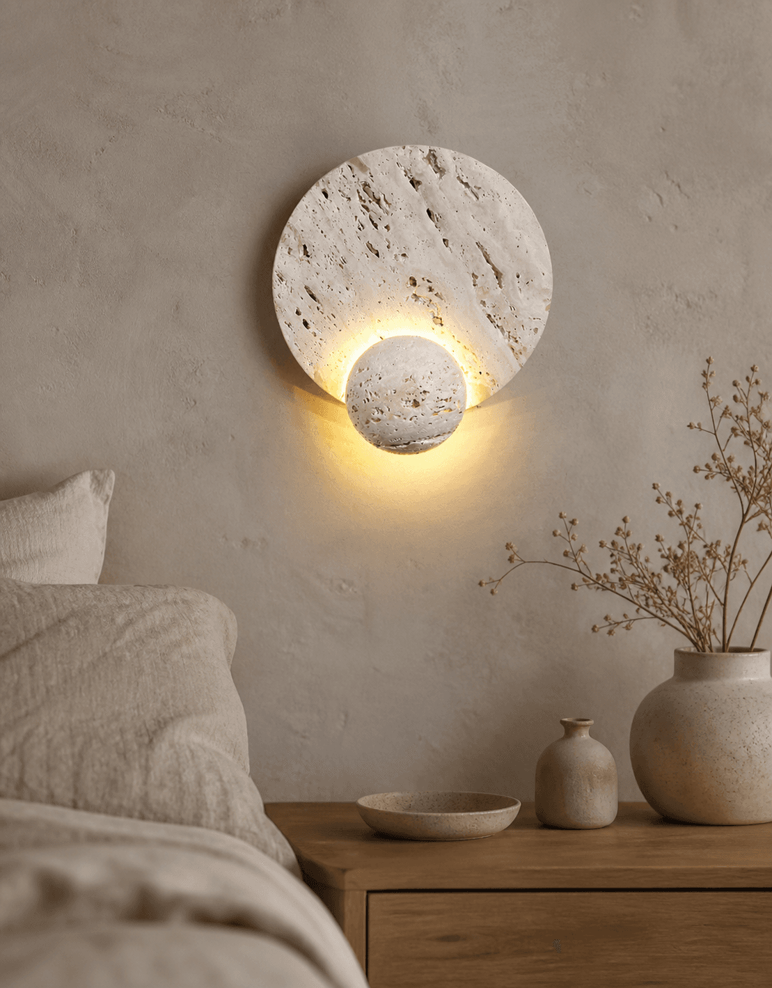 Wabi Sabi Light Travertine Stone Bedside Lamp