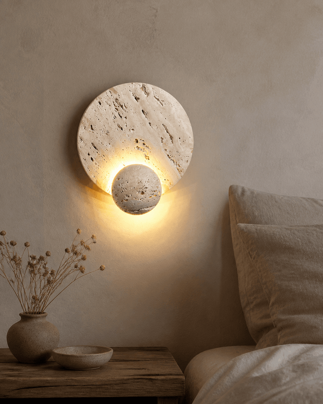 Wabi Sabi Light Travertine Stone Bedside Lamp