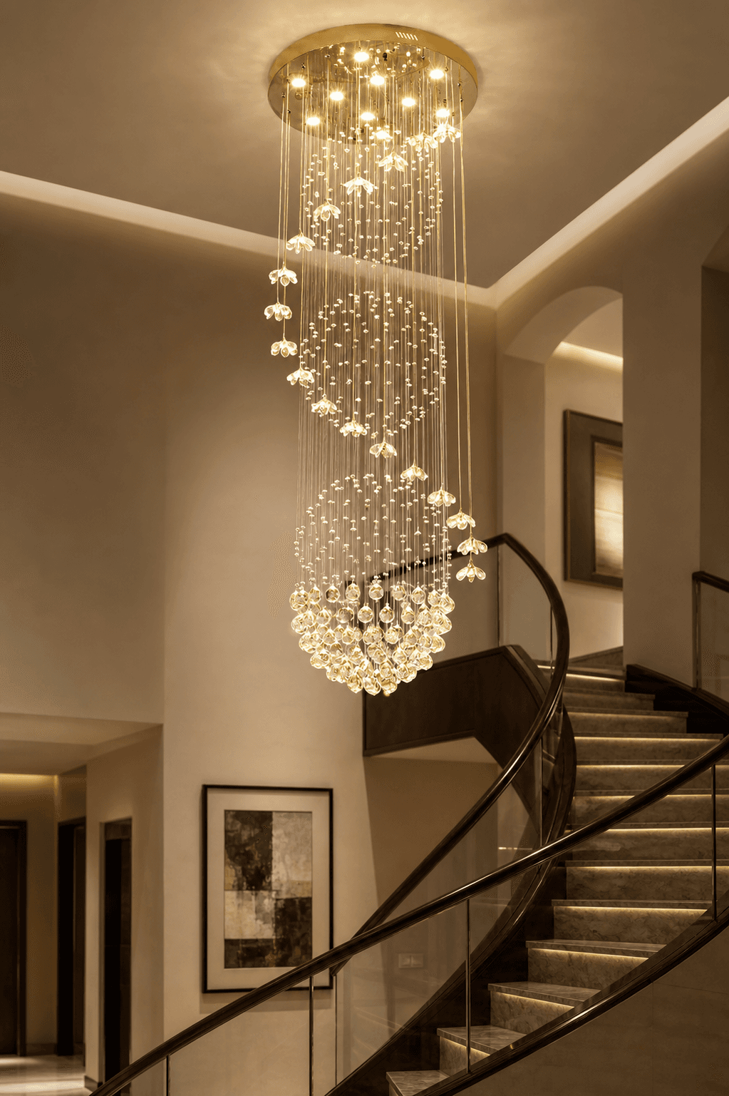 Nordic Custom Hotel Large Gold Long Crystal Chandeliers