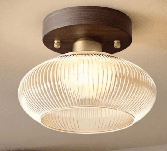 Caspian Retro Led Walnut Base Amber Fluted Glass Ceiling Light, Caspian Retro LED Walnut Amber Glass Ceiling Light, operation03