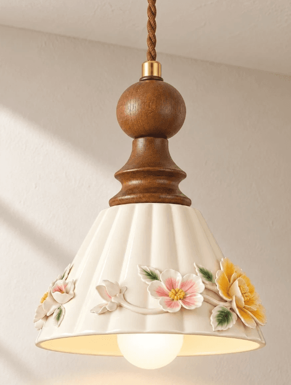 Vintage Floral Ceramic and Wood Pendant Light, Vintage Floral Ceramic and Wood Pendant Light, operation03