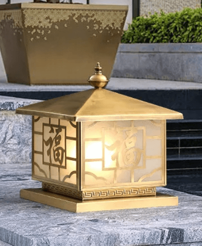 Traditional Chinese Square Full Copper Glass 1-Light Solar Outdoor Post Head Light, Traditional Chinese Solar Copper Post Head Light, operation03